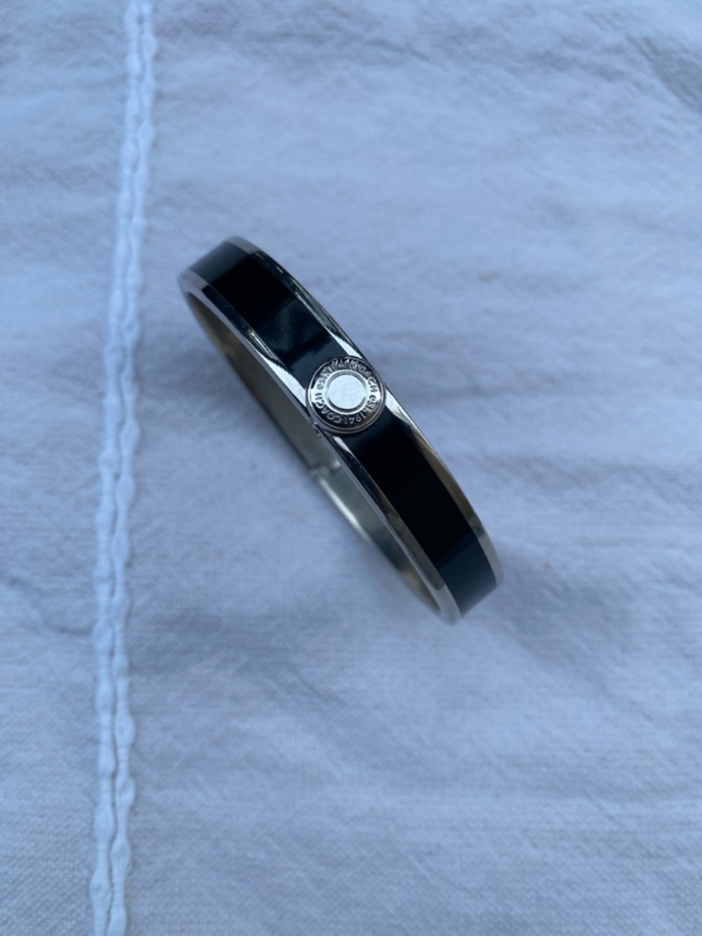 Coach Black and Silver Enamel Logo Bangle Bracelet